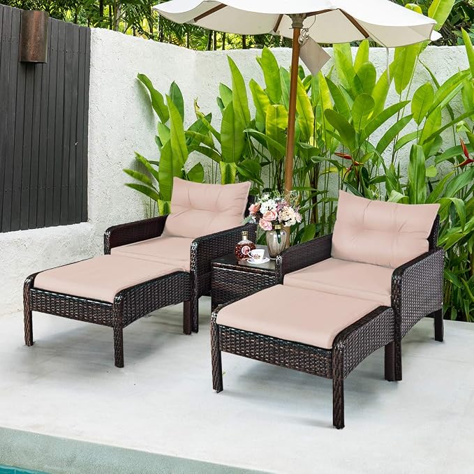 Tangkula 5 Pieces Wicker Patio Furniture Set, PE Rattan Outdoor All Weather Cushioned Sofas and Ottoman Set, 2-Person Outside Conversation Set for Lawn, Poolside, Yard, Balcony, Deck, Coffee