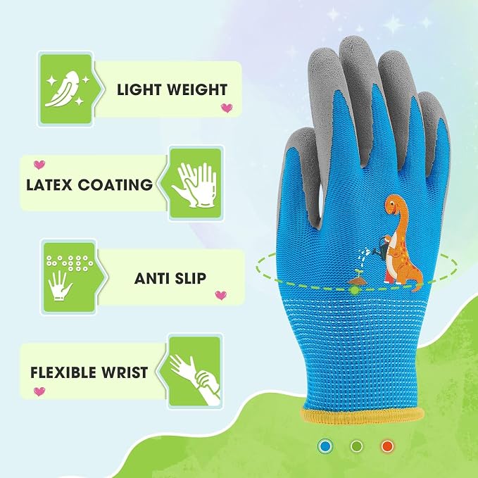 WAWSAM Kids Gardening Gloves 3 Pairs Toddlers Rubber Coated Work Gloves Children Garden Gloves