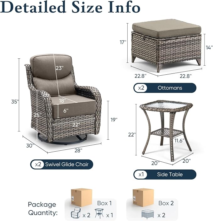 Belord Luxury 6" Thick Cushioned 5 Pieces Patio Furniture Set with 2 Ottomans, Wicker Outdoor Conversation Set with High Back Swivel Rocker Patio Chairs for Deck Porch Yard and Poolside - Grey+Grey