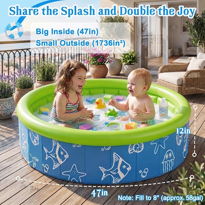 Baby Pool with Canopy, 47" x 12" Airless Foldable Kiddie Pool with UPF 50+ Sunshade, Mosquito Net, Water Sprinkler – Easy Folding & Carry for Toddlers, Infants, Backyard, Beach, Travel
