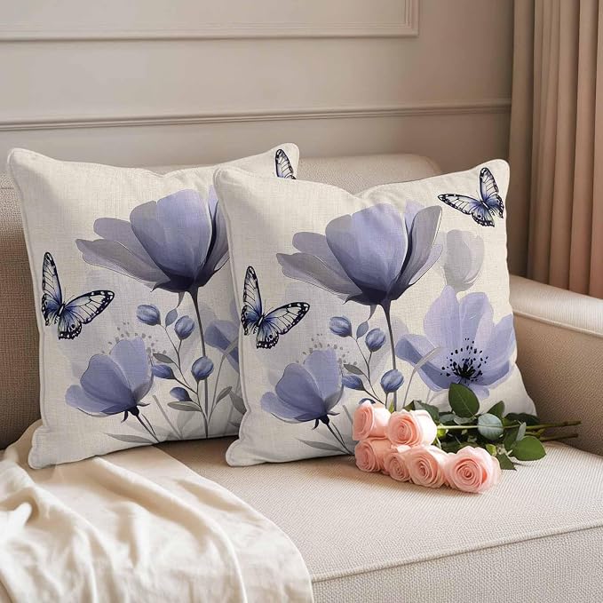 Purple Flowers Waterproof Outdoor Pillow Covers Set of 2 Home Decor, Spring Farmhouse Retro Tulip Butterfly Pillowcase Patio Pillow Covers for Couch Bench Furniture Garden 16x16in
