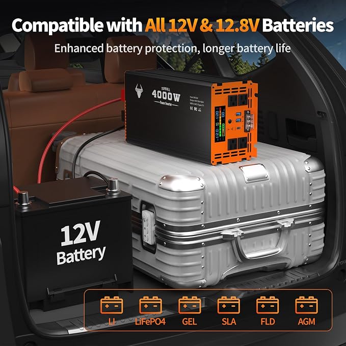 4000 Watt Power Inverter 12V DC to 120V/110V AC for Vehicles RV, Truck, Solar, Home, Off-Grid Car Converter Surge 8000W with 4 AC Outlet, 2 USB-A Port, 200ft Remote Control and 3 AC Terminal Blocks