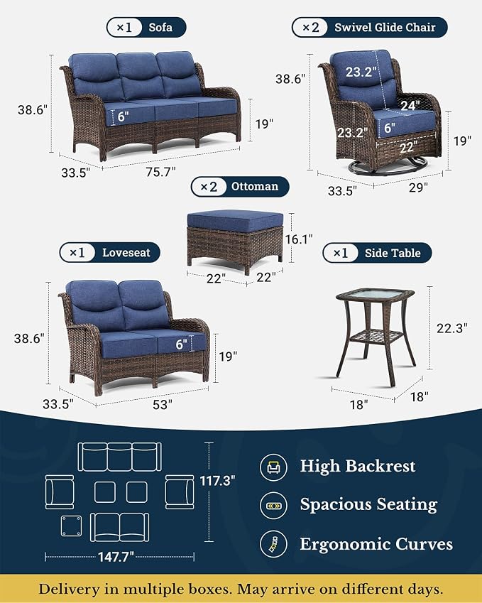HILLGA 7-Piece Luxury Patio Furniture Set with 6" Thick Cushions, Weather-Resistant Wicker High Back Swivel Rocker Chairs, Senior-Friendly Outdoor Loveseat Set for Large Deck and Poolside, Blue(V2)