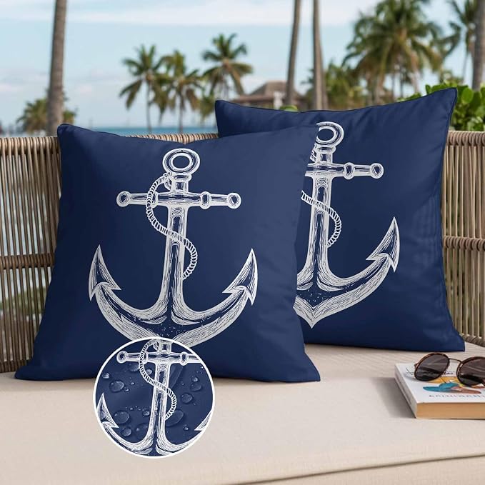 Nautical Outdoor Waterproof Throw Pillow Covers Set of 2, 26"x26", Anchor Rope Coastal Navy Blue Minimalist Decorative Pillow Covers Outside Cushion Case for Patio Porch Garden