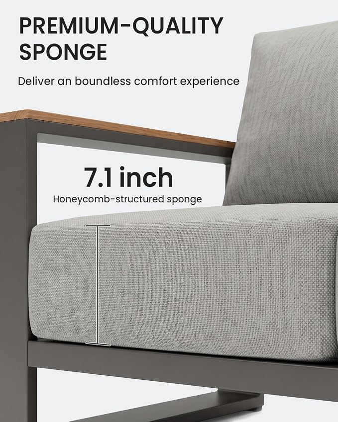 Oversized Aluminum Patio Furniture, 1 Piece Luxury Outdoor Furniture with 7.1" Extra Thick Cushion, Modern Outdoor Sectional 3-Seat Sofa for Porch, Garden and Deck, Gray