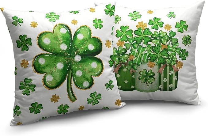 St. Patrick's Day Decorative Pillow Covers Lucky Charms Shamrock Clover Vase Pillowcases Spring March Holiday Throw Pillow Cases 2 Pack 22x22 St Patricks Day Decorations for Home Sofa Couch