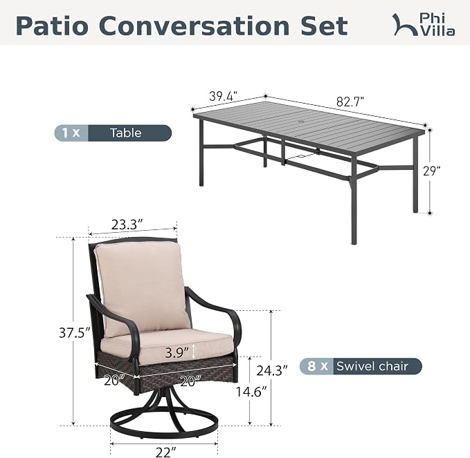 PHI VILLA 9 Piece Patio Dining Set, 83" Rectangular Metal Dining Table with Umbrella Hole, 8 Swivel Chairs with Waterproof Cushions, All Weather Outdoor Furniture for Deck, Backyard