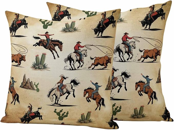 Western Cowboys Outdoor Pillow Covers Waterproof, All Weather Cushion Case Set of 2, Brown Vintage Country Cactus Decorative Pillowcases for Sofa Couch Bed Decor Patio Furniture 18"x18"