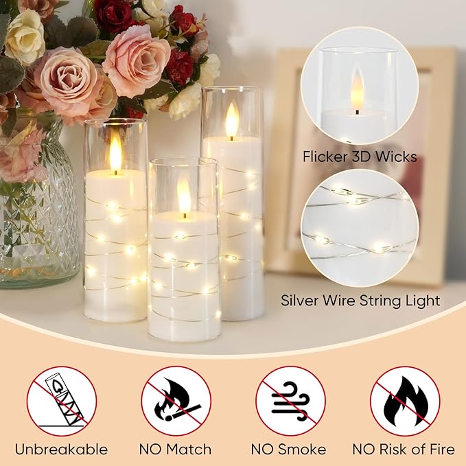 Raycare Flameless Candle with Remote Timer – 9 Flickering Acrylic Battery Operated LED Pillar Candles with Embedded Star String for Valentine's Day, Home Decor, and as a Gift (White)