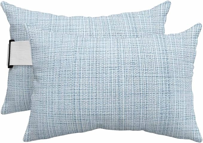 Outdoor Lumbar Pillow Set of 2, Misty Blue Rustic Waterproof Beach Headrest Pillow with Inserts, Vintage Farmhouse Blue Solid Color Recliner Throw Pillows for Patio Furniture, 12 x 20