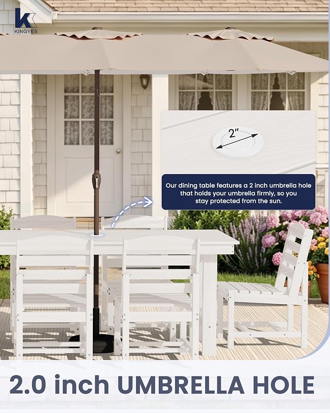 KINGYES 7-Piece Patio Dining Set, HDPE Table and Armless Chairs Outdoor Furniture Set with Umbrella Hole, White