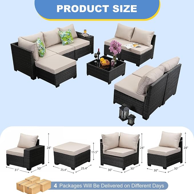 9 Pieces Outdoor Patio Furniture Set, Wicker Conversation Sets with Tea Table, Rattan Patio Sofa with Thick Cushions for Garden, Backyard Porch, Poolside,Beige