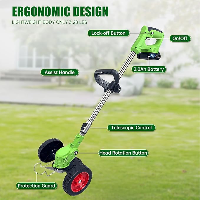 Cordless Weed Wacker Electric Grass Trimmer Battery Powered, Lightweight Grass Cutter with 2 Pack 21V Batteries, 4 in 1 String Trimmer with Adjustable Length Rod and 25 Blades for Yard and Garden