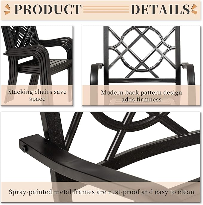 SOLAURA 5-Piece Outdoor Patio Dining Set, 4 Person Outside Table and Chairs Set, Metal Stacked Chairs of 4, Slat Table Top with 1.57" Umbrella Hole (Black)