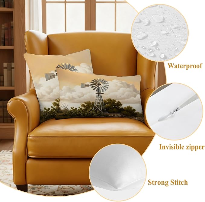 Windmill Outdoor Pillow Covers 16"x16" Set of 2, Windmill Farmhouse Sunset Field Trees Rustic Waterproof Throw Pillow Covers for Patio Furniture, Decorative Cushion Covers for Porch