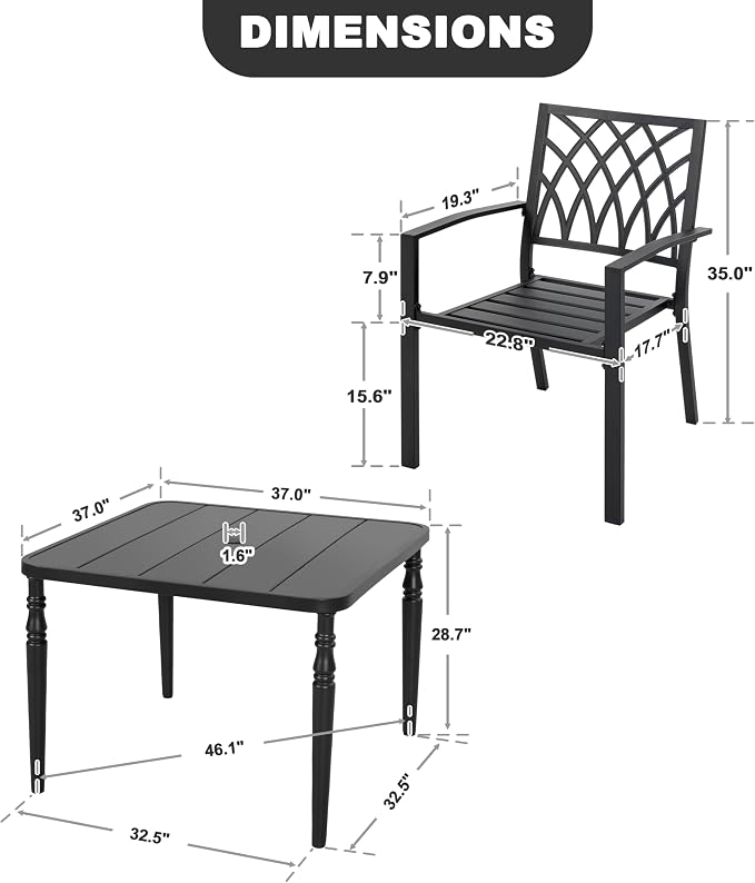 NUU GARDEN 5-Piece Metal Dining Set, 4 Stackable Wide Seat Chairs with 37" Square Table Umbrella Hole, All-Weather Patio Furniture for Backyard Balcony Poolside Lawn Garden,Black