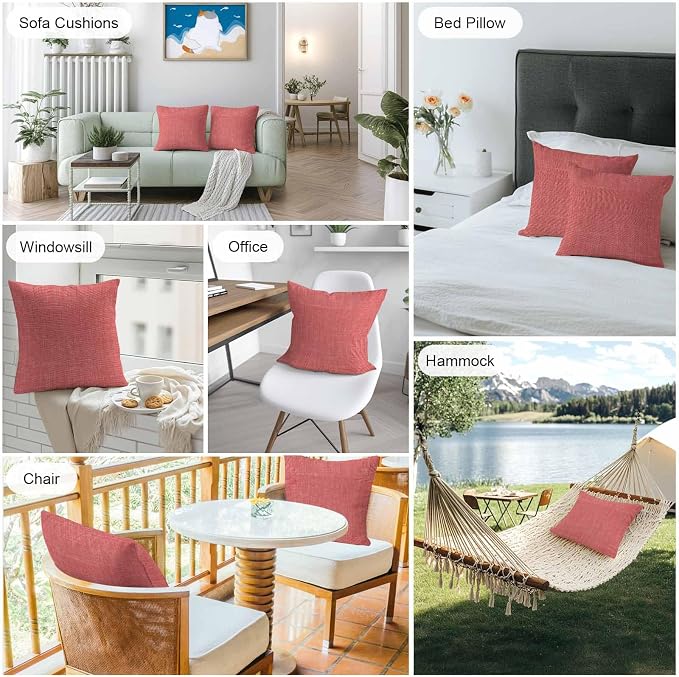 Vandarllin Outdoor Throw Pillows Covers 16x16 inch Set of 2 Waterproof Coral Red Linen Decorative Zippered Cushion Covers for Patio Furniture, Farmhouse Pure Color Lumbar Pillowcases