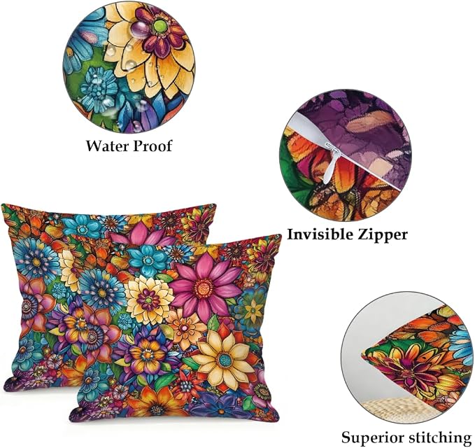 16x16 Inch Outdoor Pillow Covers Set of 2 Waterproof Throw Pillow Covers Decorative Couch Cushion Covers Bright Floral Mandala Square Pillowcases Protectors for Patio Garden Sofa