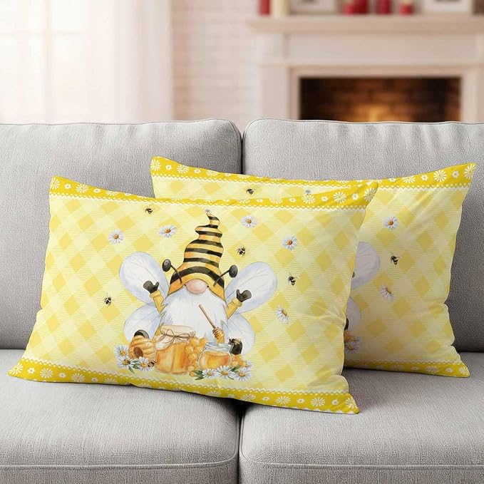 Yukro Honey Gnome Outdoor Waterproof Pillow Covers Pack of 2, Watercolor Honey Bees Floral Yellow Plaid Decorative Throw Pillowcases Cushion Covers for Garden Patio Tent Sofa Couch, 20x12 inch
