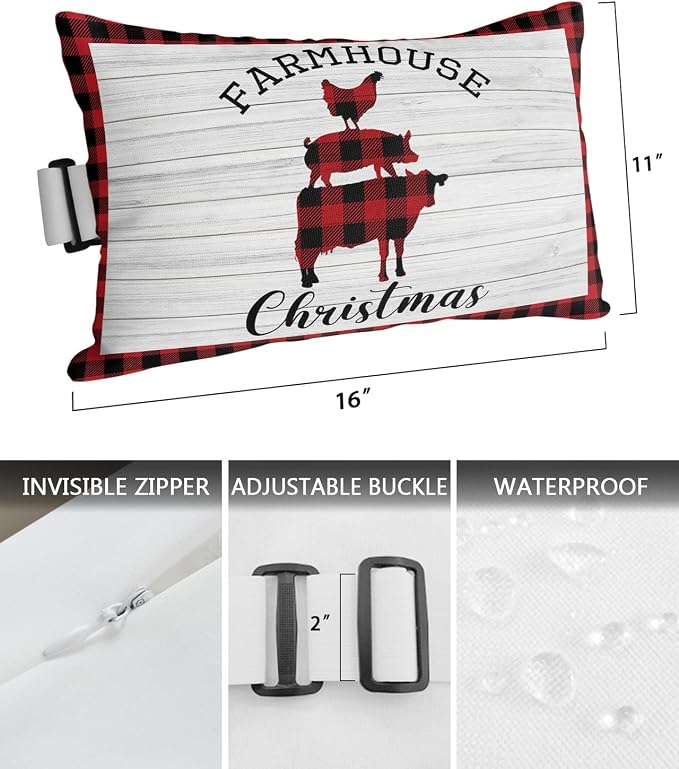 Outdoor Pillows Covers with Inserts Farmhouse Christmas Pig Cock Cow Buffalo Plaid Waterproof Pillow with Adjustable Strap Throw Pillows for Patio Furniture Recliner Lounge Chair, 11x16 inch, 2PCS