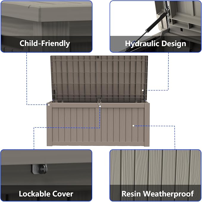 150 Gallon Outdoor Storage Box Resin Deck Box All Weather Waterproof Large Lockable Storage Container Deck Box for Patio Furniture, Garden Tools, Lockable, Grey