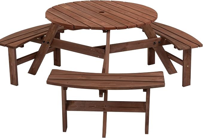 35.43'' Round Outdoor Dining Table Wooden Patio Dining Table & 3 Curved Built-in Bench for 6, 2" Umbrella Hole, Suitable for Backyard Garden Porch, Brown
