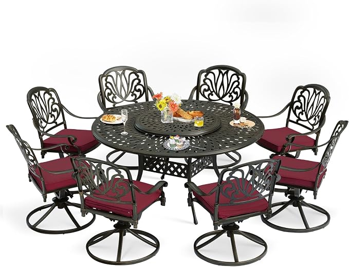 9-Piece Patio Furniture Dining Set, Cast Aluminum Outdoor Conversation Set- 61" Round Patio Dining Table with Detachable Lazy Susan & 8 Cushioned Swivel Rocker, Umbrella Hole, Chili Red
