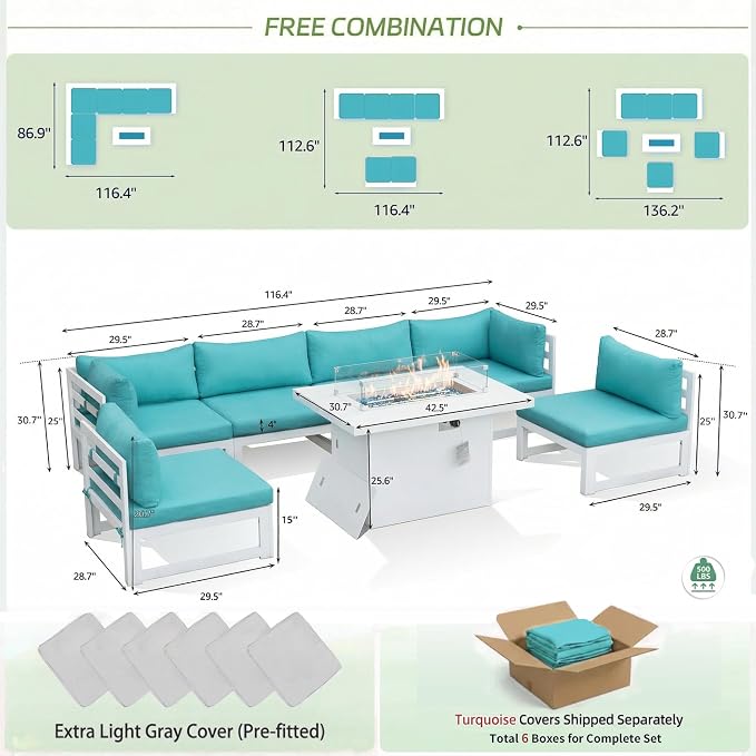 RADIATA 7 Pcs Large Aluminum Outdoor Patio Furniture Set with Rectangular Fire Pit Table, 29" Wide Deep Seat, Rust Proof Minimalist Sectional Sofa, 500 lbs Sturdy Backyard Conversation Set, Turquoise