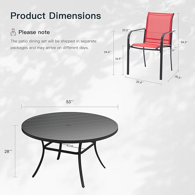 VICLLAX 9 Pieces Patio Outdoor Dining Set, 53" Round Metal Table with Umbrella Hole and 8 Stackable Textilene Chairs for Patio, Lawn, Garden, Porch, Black/Red