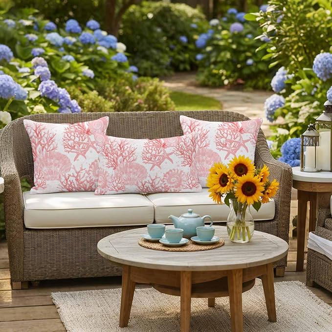 Pink Coral Waterproof Outdoor Pillow Covers Set of 2 Home Decor, Coastal Nautical Ocean Starfish Conch Pillowcase Patio Pillow Covers for Couch Bench Furniture Garden 20x20in