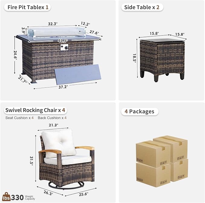 MEISSALIVVE 7 Pieces Patio Furniture Sets with Fire Pit Table, Wicker Outdoor Conversation Sets with 4 Swivel Rocker Chairs and Side Table(Beige)