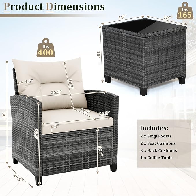 RELAX4LIFE 3 Piece Patio Furniture Set, Wicker Bistro Conversation Set w/2 Cushioned Armchairs & Glass Topped Table, Outdoor Rattan Sofa Set Patio Furniture for Porch Balcony Poolside (Grey-White)