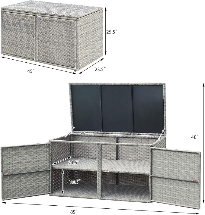 RELAX4LIFE PE Wicker Storage Box - Outdoor 88 Gallon 2-Tier Deck Box for Patio Furniture Toys Storage w/Lid & Front Doors, All Weather Rattan Storage Bin for Backyard Garden Poolside Porch (Grey)
