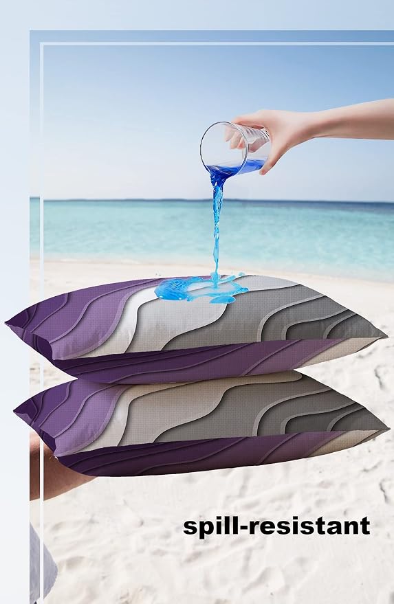 Funy Decor Waterproof Outdoor Throw Pillow Cover Purple Grey Modern Geometric Lumbar Pillowcases Set of 2 Abstract Beach Decorative Patio Furniture Pillows for Couch Garden 20x12 inch x 2pcs