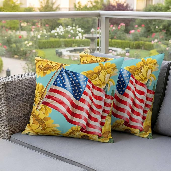 4th of July Outdoor Pillow Covers Waterproof, All Weather Cushion Case Set of 2, Watercolor Sunflowers American Flag Teal Decorative Pillowcases for Sofa Couch Bed Decor Patio Furniture 18"x18"