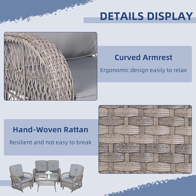 4-Piece Wicker Patio Furniture Sets Outdoor All-Weather Rattan Conversation Set Includes Glider Loveseat, Glass-Top Coffee Table, 2 Glider Rocker Chairs with Thickened Cushions, Gray