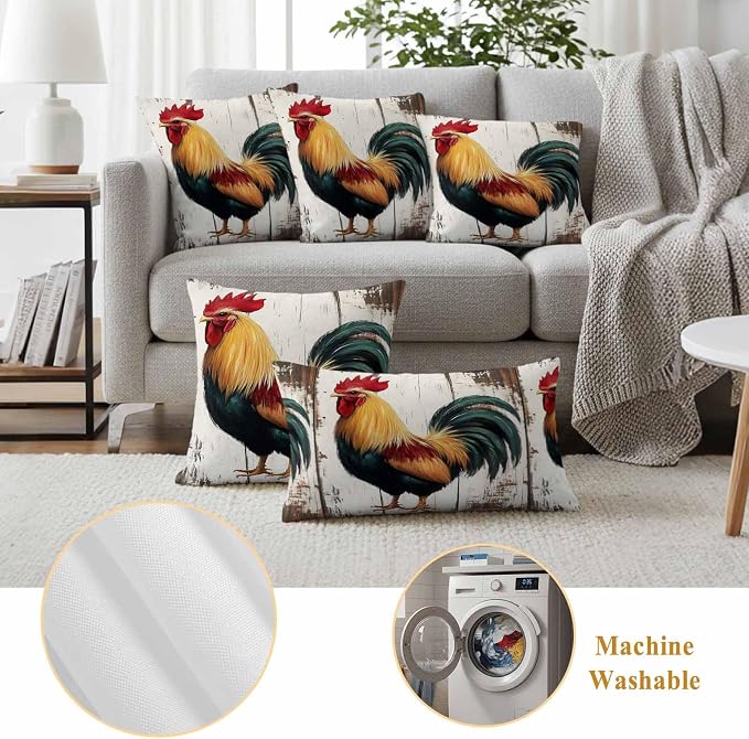 Vintage Rooster Outdoor Waterproof Throw Pillow Covers 24x24 Set of 2, Retro Farmhouse Rooster Watercolor Decorative Pillowcases Cushion Pillowcase for Couch Sofa Patio Outside Pillow Protector
