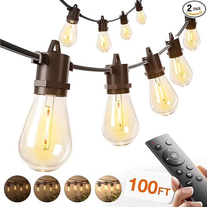 addlon 100FT Outdoor String Lights LED with Remote Dimmable Waterproof | Timer & 3 Lighting Modes, Shatterproof Edison Bulbs, Connectable Hanging Strand for Patio Outside Backyard Porch Party Décor