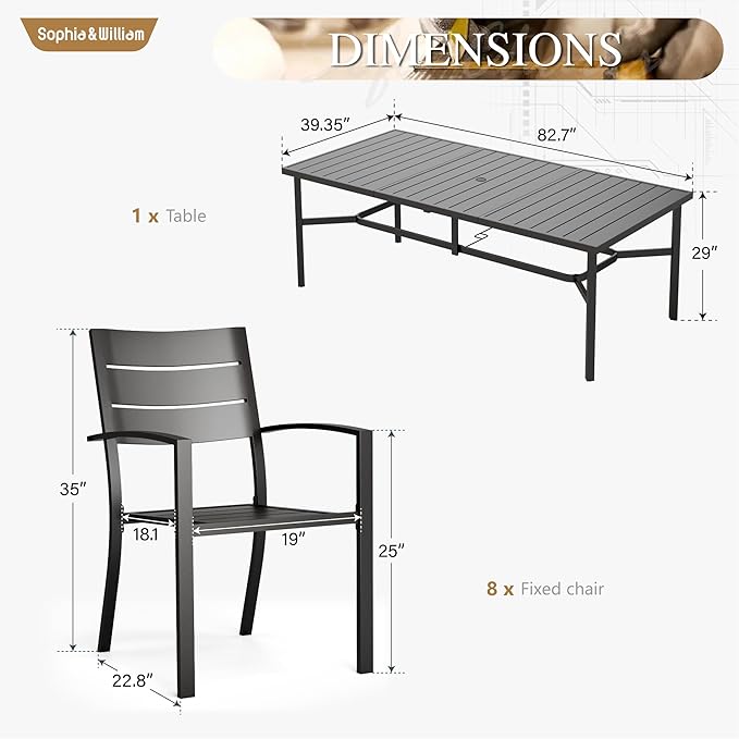Sophia & William Patio Table and Chairs Set, Outdoor Dining Set for 8, 9 Piece Metal Patio Furniture, 82.7" Black Rectangular Table