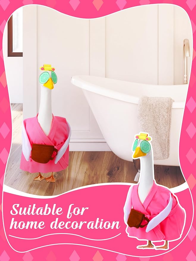 Outus Lady Bathrobe Goose Outfits Set Includes Rose Red Bathrobe Hat Rollers and Cucumber Eye Mask Summer Pink Spa Funny Goose Porch Clothing for 23'' Outdoor Garden Yard Patio Lawn Statue