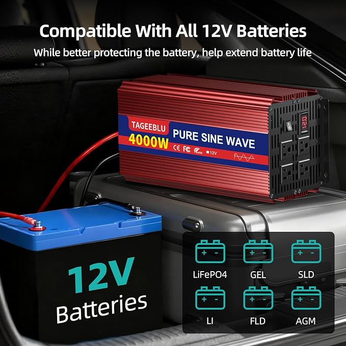 4000W Pure Sine Wave Inverter [8000W Surge], 12V DC to 110V AC Heavy Duty Power Inverter for RV, Truck, Home, Solar, Off-Grid, Outdoor, Car Converter with Dual AC Outlets and LCD Display