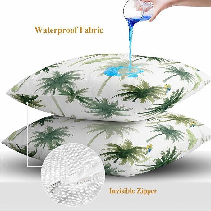 Yukro Summer Palm Tree Parrot Outdoor Waterproof Pillow Covers Pack of 2, Tropical Green Leaf Bird Throw Pillowcases Decorative Cushion Covers for Garden Patio Tent Sofa Couch, 16x16 inch