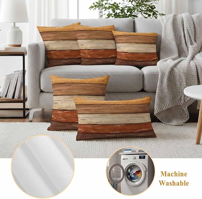 Farmhouse Burnt Orange Brown Outdoor Waterproof Pillow Covers, Vintage Wooden Striped Decorative Square Throw Pillowcase Sofa Cushion Sham for Patio/Couch/Chair, 16"x16" 2 Pack