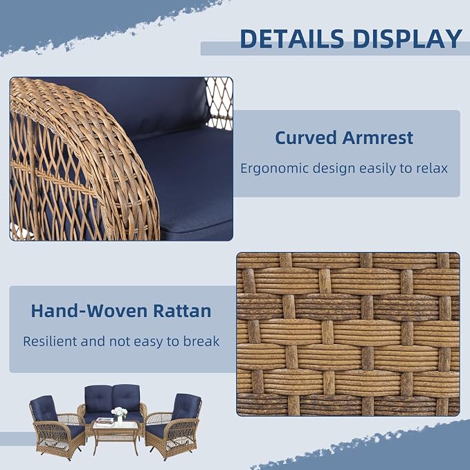 4-Piece Wicker Patio Furniture Sets Outdoor All-Weather Rattan Conversation Set Includes Glider Loveseat, Glass-Top Coffee Table, 2 Glider Rocker Chairs with Thickened Cushions, Navy Blue