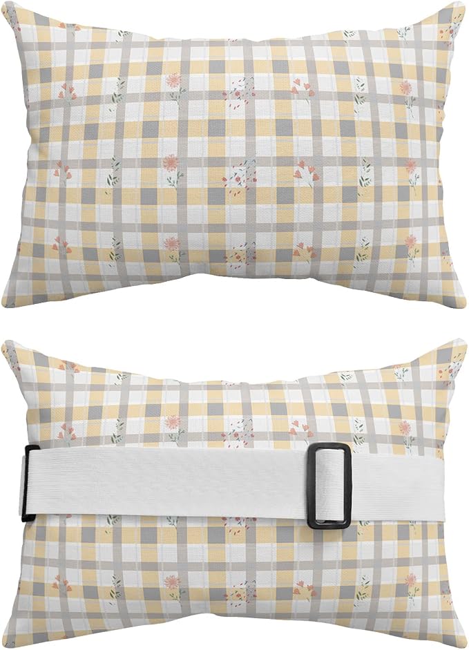 Outdoor Pillows Covers with Inserts Yellow Gray Plaid Plants Flower Pattern Waterproof Recliner Pillow with Adjustable Strap Throw Pillows for Patio Furniture Pool Lounge Chair, 12x20 inch, 1PCS