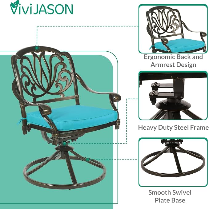 VIVIJASON 9-Piece Outdoor Furniture Dining Set for 8, All-Weather Cast Aluminum Patio Table and Chairs Set with 8 Swivel Rocker Chairs, 64" Large Square Dining Table with Umbrella Hole, Ocean Blue