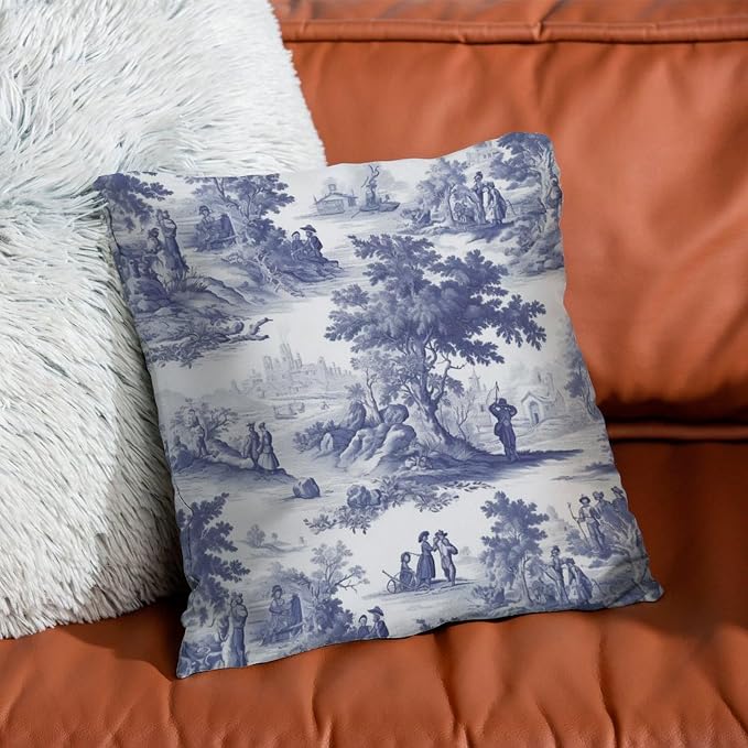 Navy White Blue Decorative Toile Print Pillow Cover French Charmed Life Toile Cushion Cases 24x24 INClassic Accent Farmhouse Decor Pillow for Sofa Patio Couch