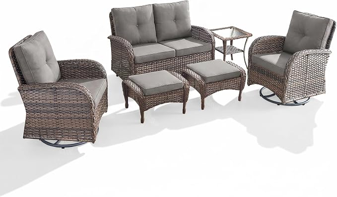 Outdoor Swivel Glider Rocker Chairs Set- 6 Piece Patio Furniture Set with A Glider Loveseat, Tempered Glass Side Table and 2 Ottoman, for Balcony, Porch - Brown Wicker, Grey Cushion