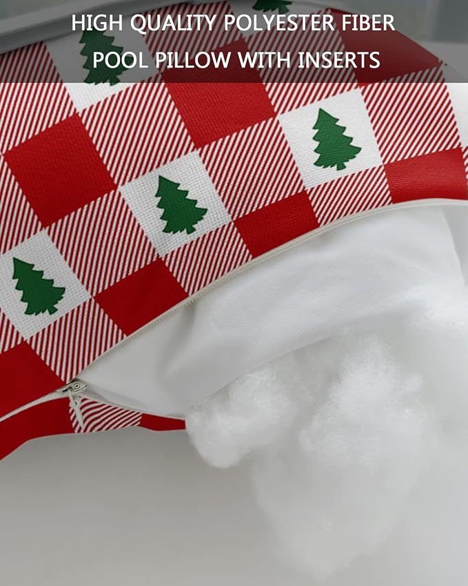 Outdoor Pillows Covers with Inserts Christmas Tree Red Buffalo Plaid Waterproof Recliner Pillow with Adjustable Strap Throw Pillows for Patio Furniture Pool Lounge Chair, 11x16 inch, 2PCS