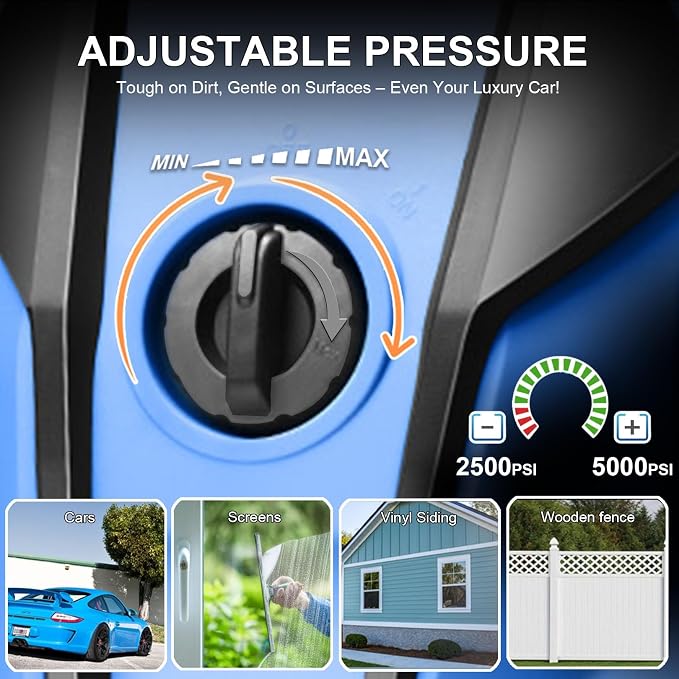 5000 PSI Adjustable Electric Pressure Washer, 2026 New Power Washer Pressure Adjustable (2500PSI-5000PSI) with 33ft Pressure Hose, 4 Nozzle and Detergent Tank for Cars, Upgraded Blue